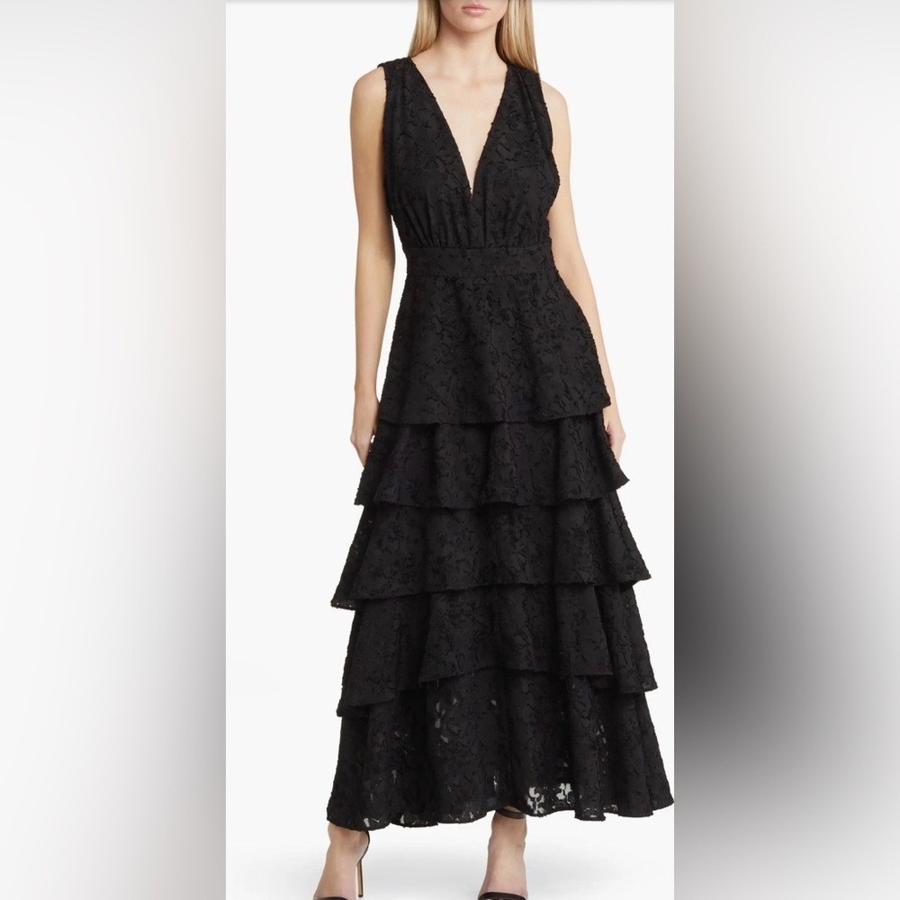 NWT Chelsea28 Romantic Black Tiered‎ Lace Ruffle Sleeveless MIDI/Maxi Dress